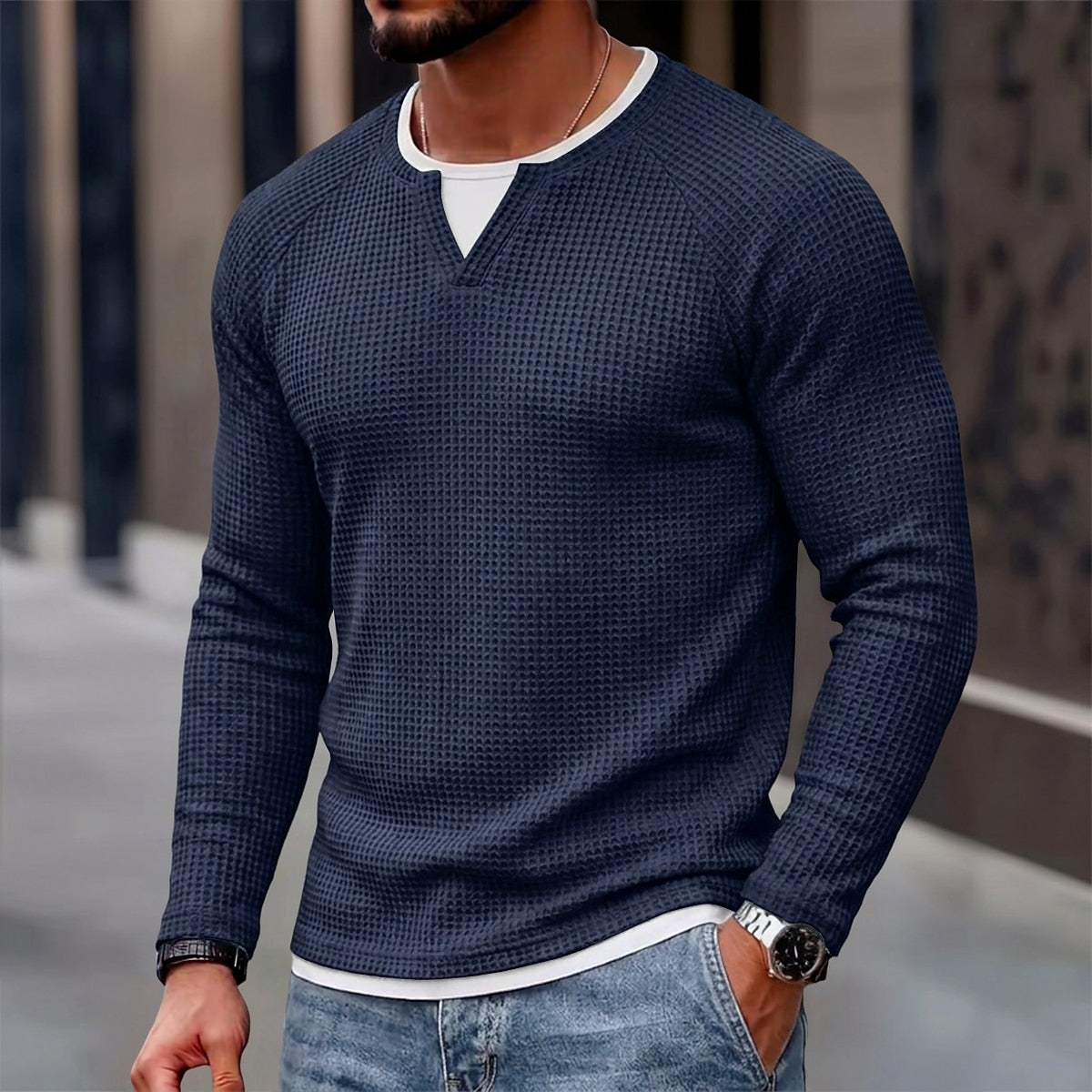 Layered Notch Neck Waffle Henley Long Sleeve T-Shirt