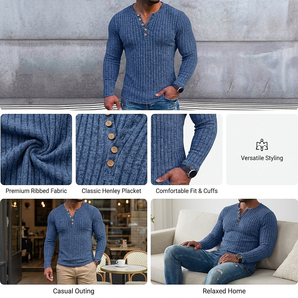Ribbed Henley Long Sleeve T-Shirt