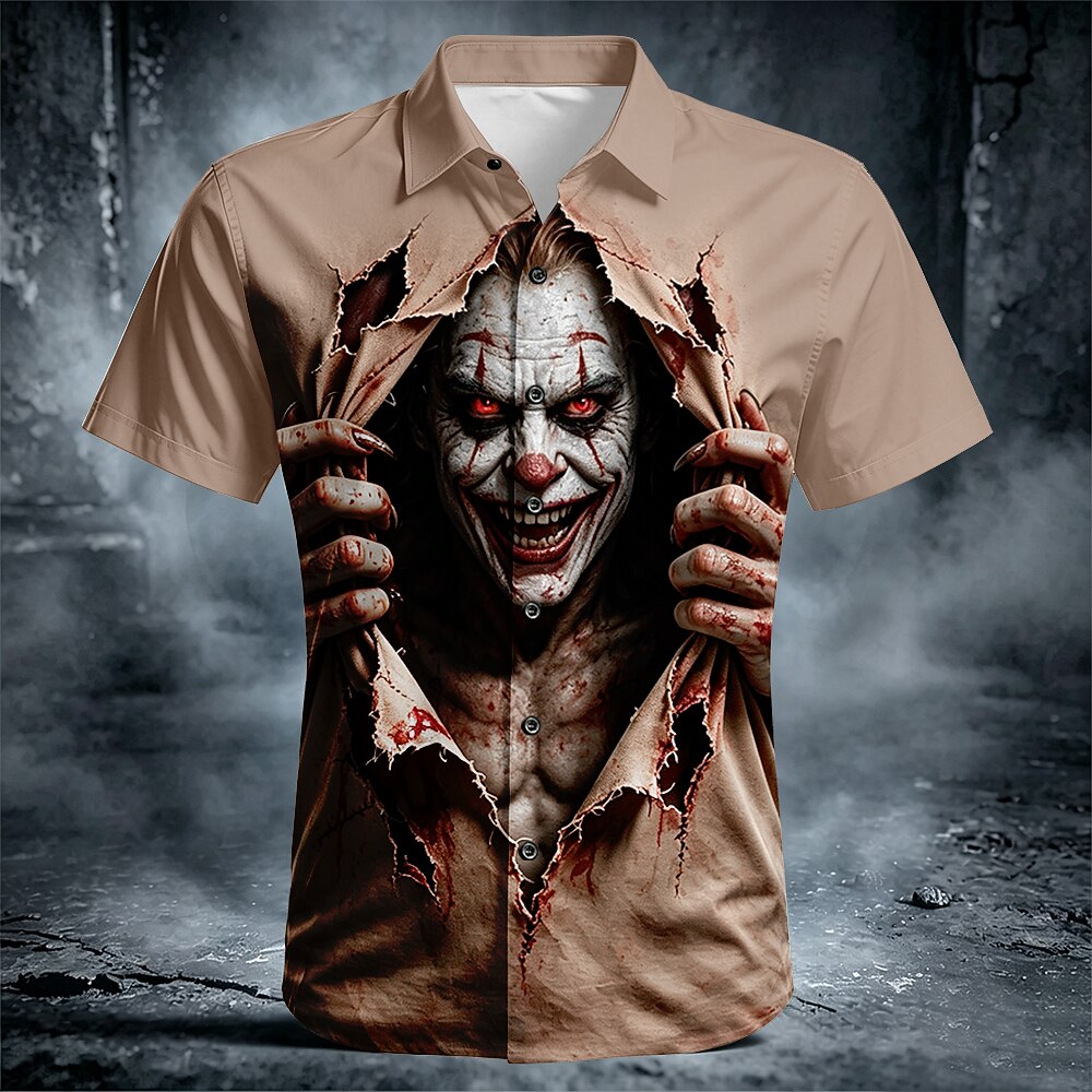 Men's Creepy Clown Breakout Print Short Sleeve Horror Button-Down Shirt