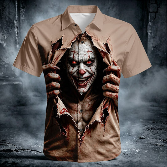 Men's Creepy Clown Breakout Print Short Sleeve Horror Button-Down Shirt