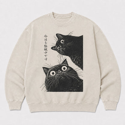 Men's Japanese Peeking Cats Graphic Washed Crew Neck Sweatshirt