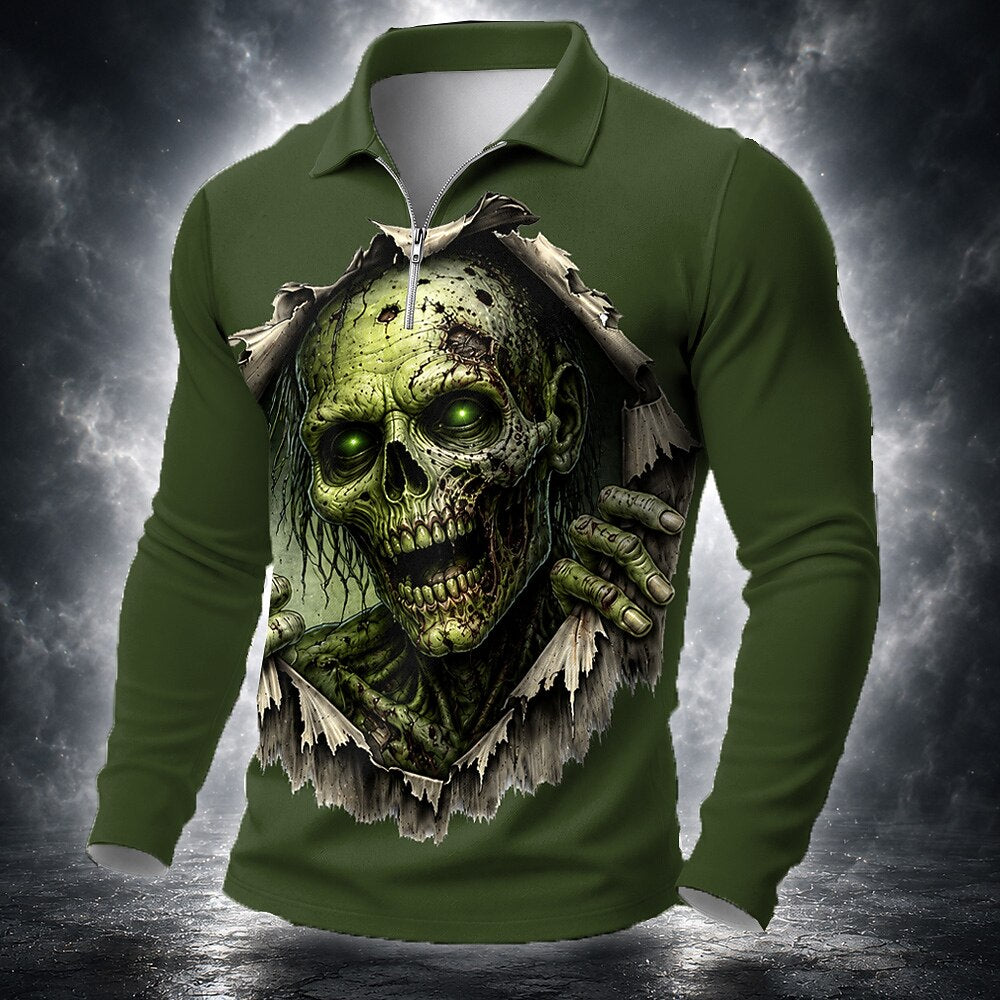 Halloween Men's Green Skull Horror Graphic Quarter-Zip Polo