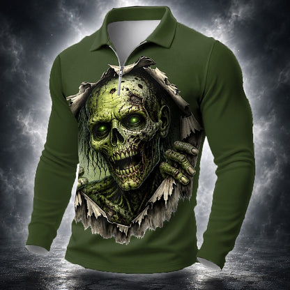 Halloween Men's Green Skull Horror Graphic Quarter-Zip Polo