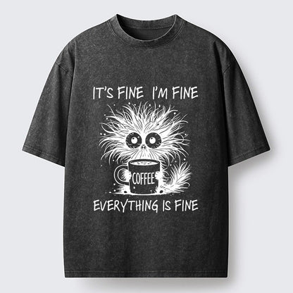 Japanese Style Frazzled Cat Coffee Washed T-Shirt