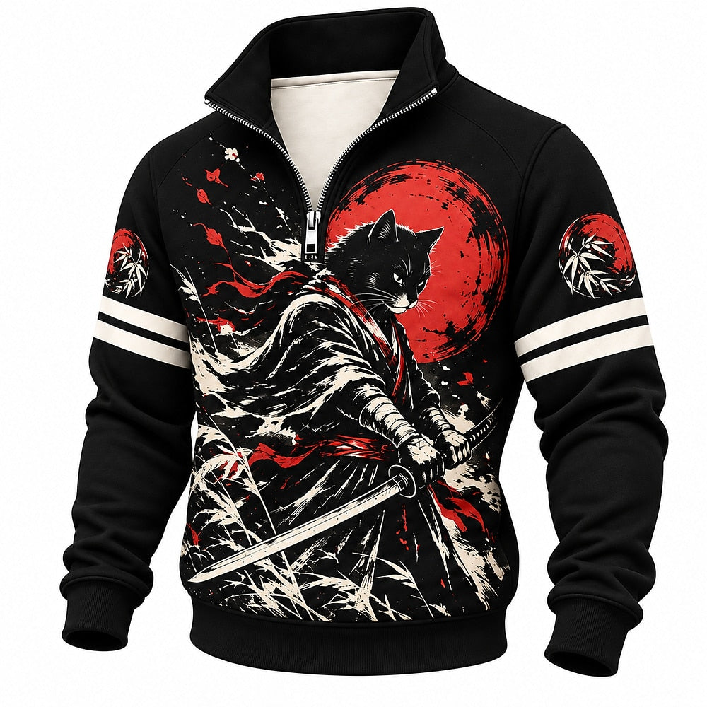 Red Sun Ronin Cat Half-Zip Sweatshirt