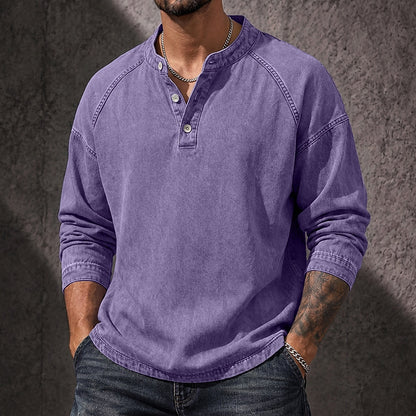 Vintage Washed Button-Neck Henley Long Sleeve T-Shirt