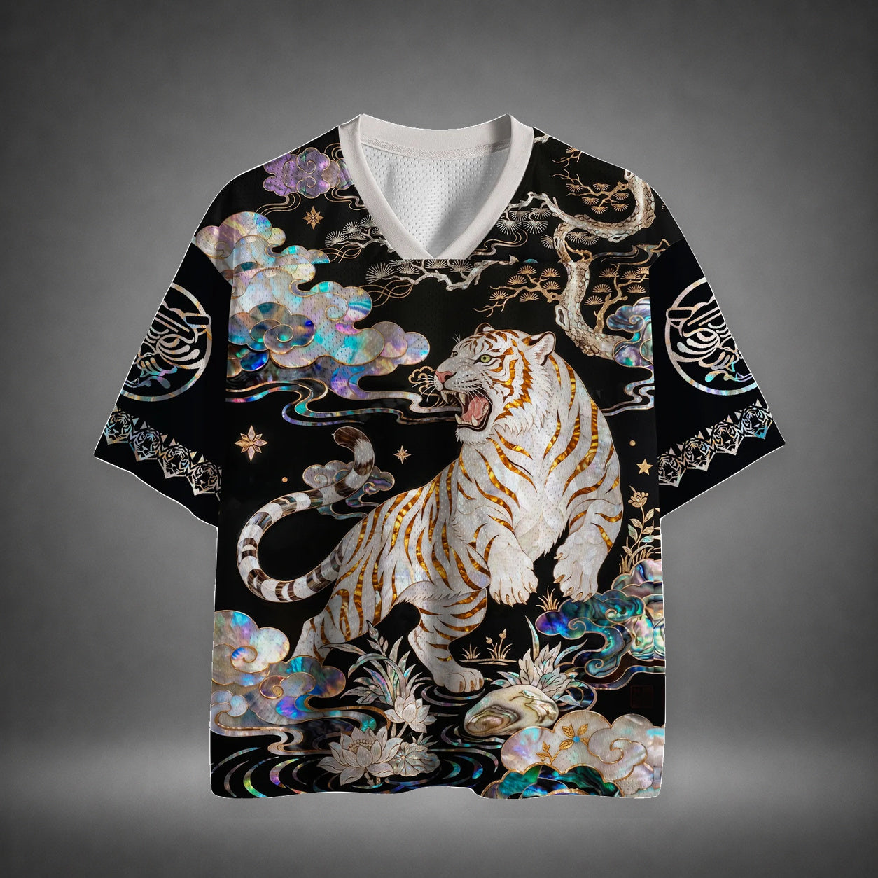 Men's White Tiger Japanese Print Short Sleeve Gothic Jersey T-Shirt