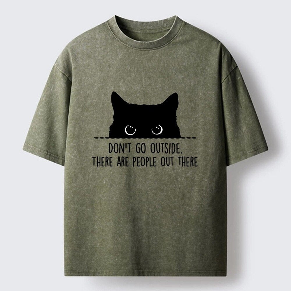 Japanese Style Peeking Cat Introvert Washed T-Shirt