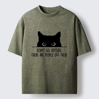 Japanese Style Peeking Cat Introvert Washed T-Shirt