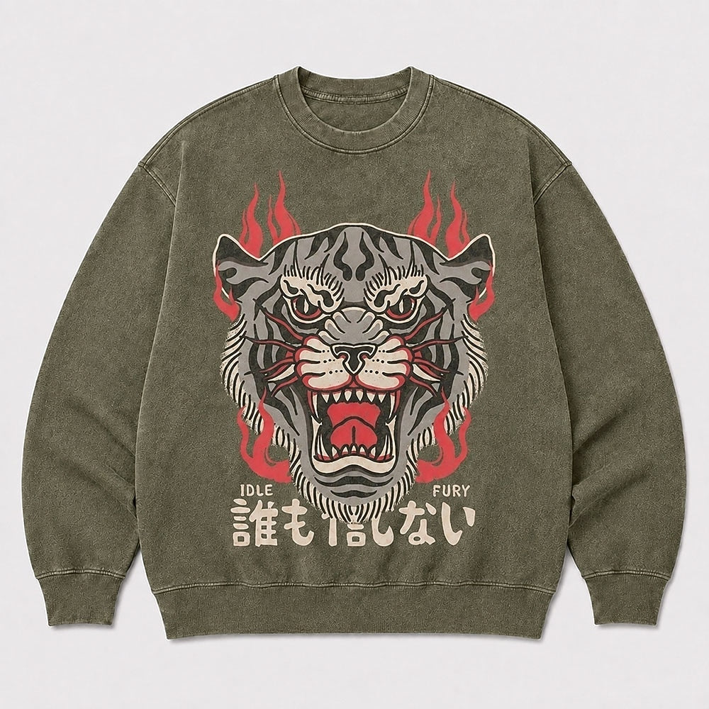 Men's Tiger Graphic Washed Crew Neck Sweatshirt