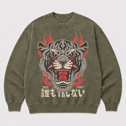 Men's Tiger Graphic Washed Crew Neck Sweatshirt
