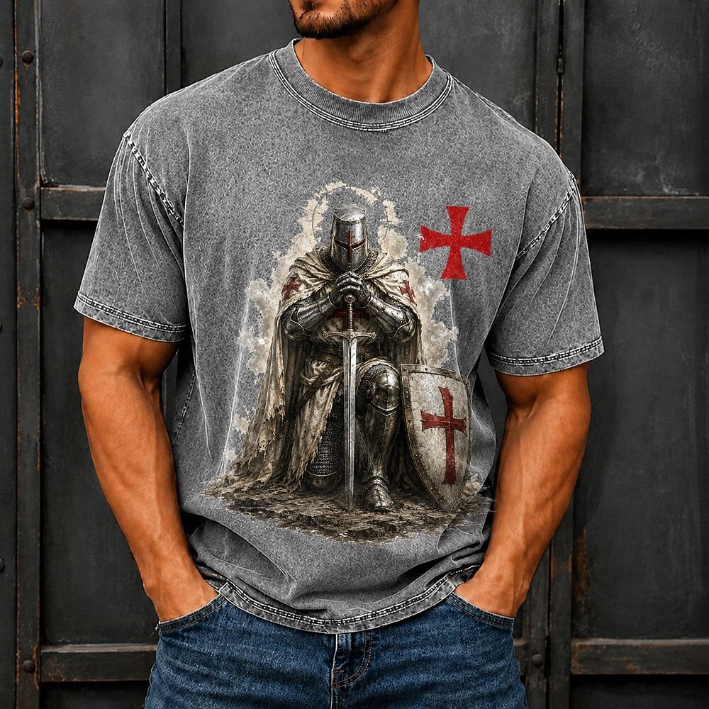 Men's Knights Templar Crusader Print Short Sleeve Vintage T-Shirt