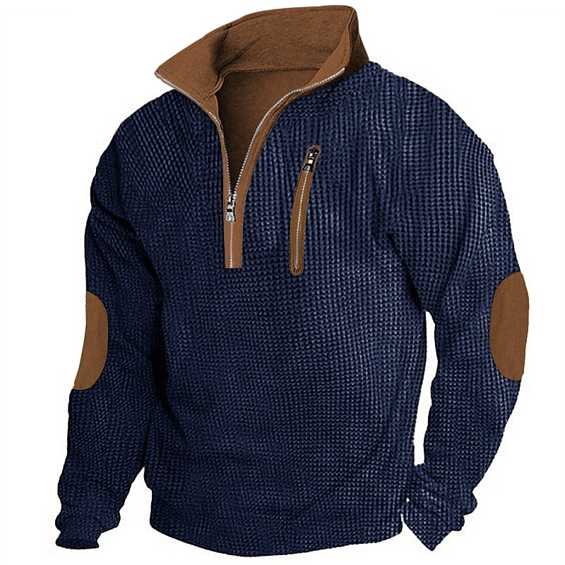 Contrast Elbow Waffle Quarter-Zip Top