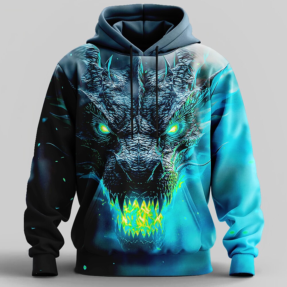 Men's Fire Dragon Print Long Sleeve Streetwear Pullover Hoodie