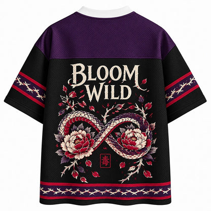 Crimson Serpent and Peonies V-Neck Mesh Jersey