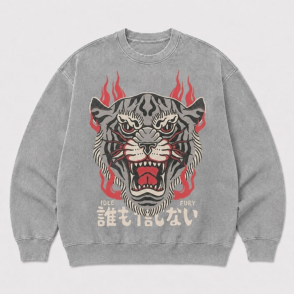 Men's Tiger Graphic Washed Crew Neck Sweatshirt