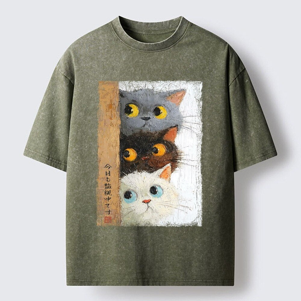 Japanese Style Stacked Cats Washed T-Shirt