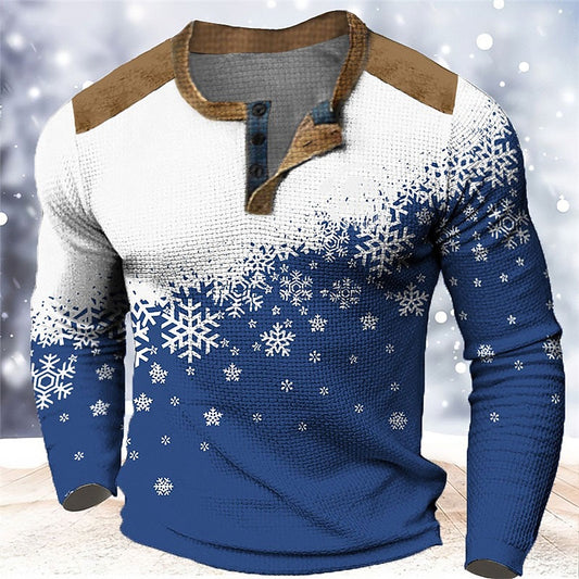 Snowflake Color-Block Henley Long Sleeve T-Shirt