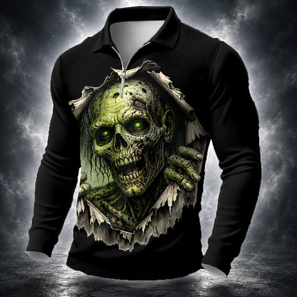 Halloween Men's Green Skull Horror Graphic Quarter-Zip Polo