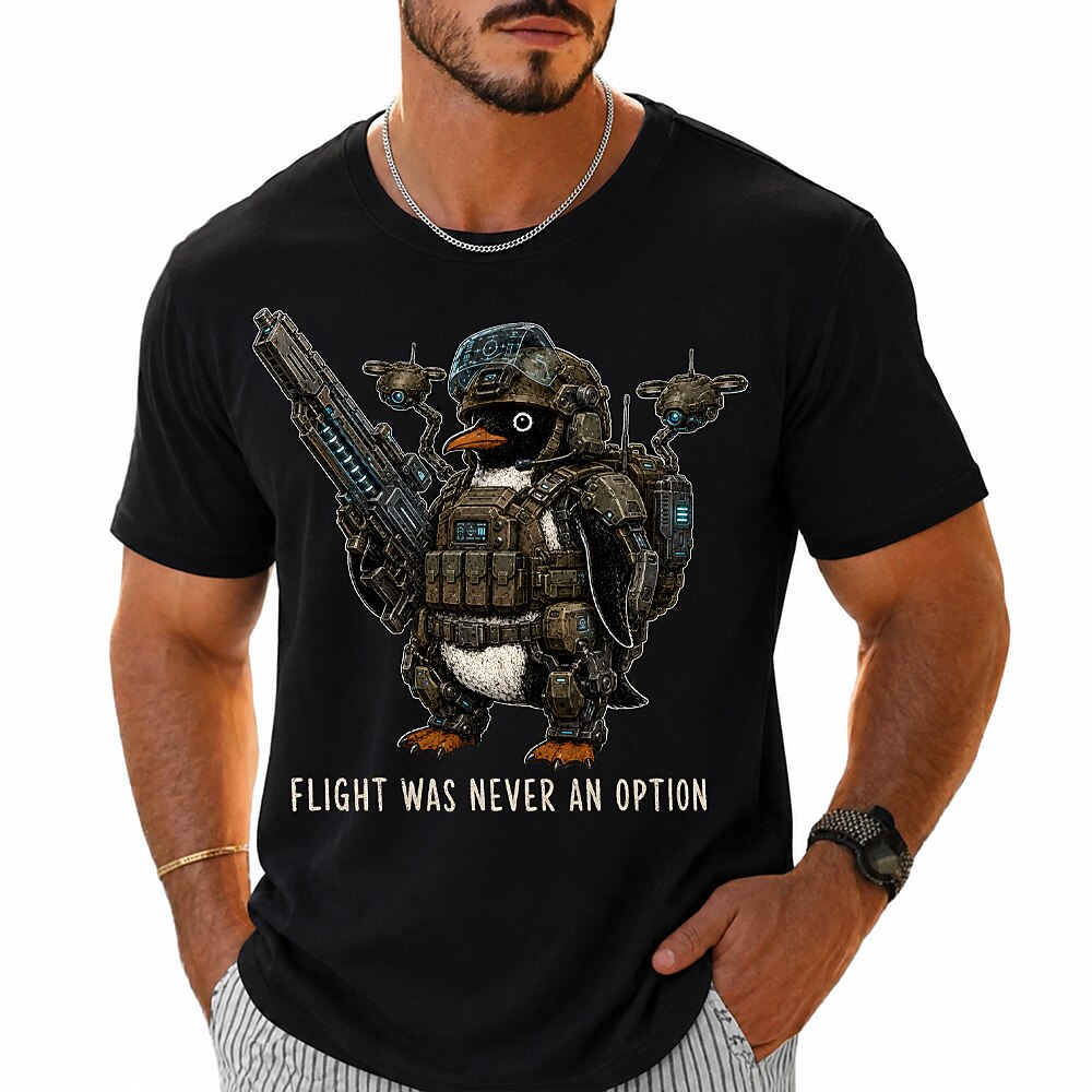 Men's Tactical Penguin Meme Print Short Sleeve Funny T-Shirt