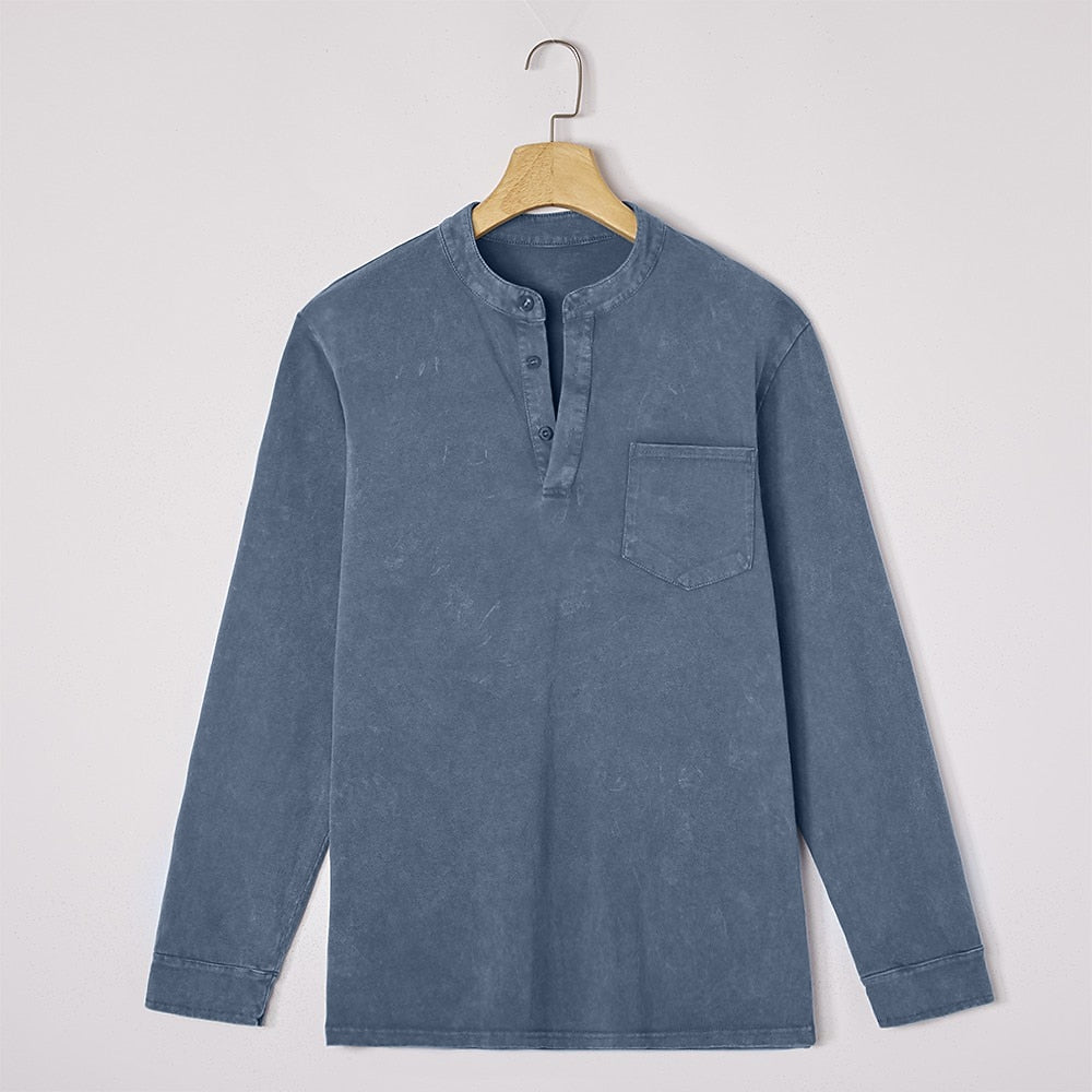 Washed Pocket Henley Long Sleeve T-Shirt
