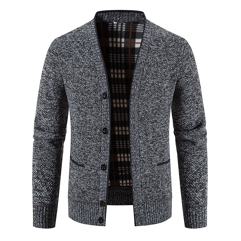 Plaid-Lined Welt Pocket Cardigan