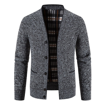 Plaid-Lined Welt Pocket Cardigan