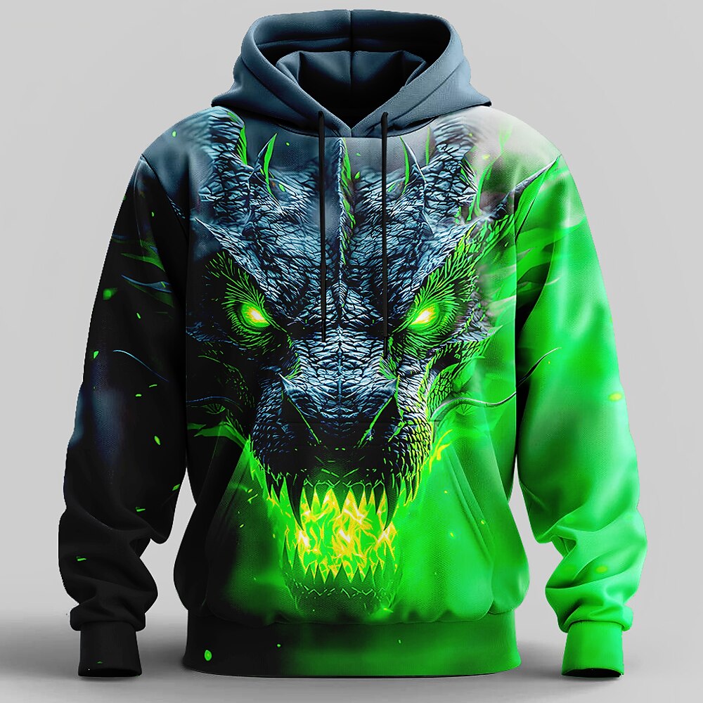 Men's Fire Dragon Print Long Sleeve Streetwear Pullover Hoodie