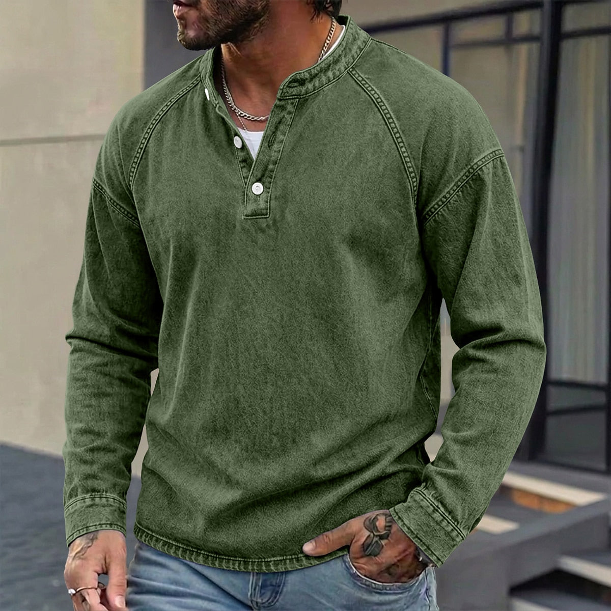 Washed Henley Long Sleeve T-Shirt