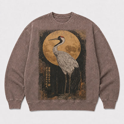Men's Japanese Crane Graphic Washed Crew Neck Sweatshirt