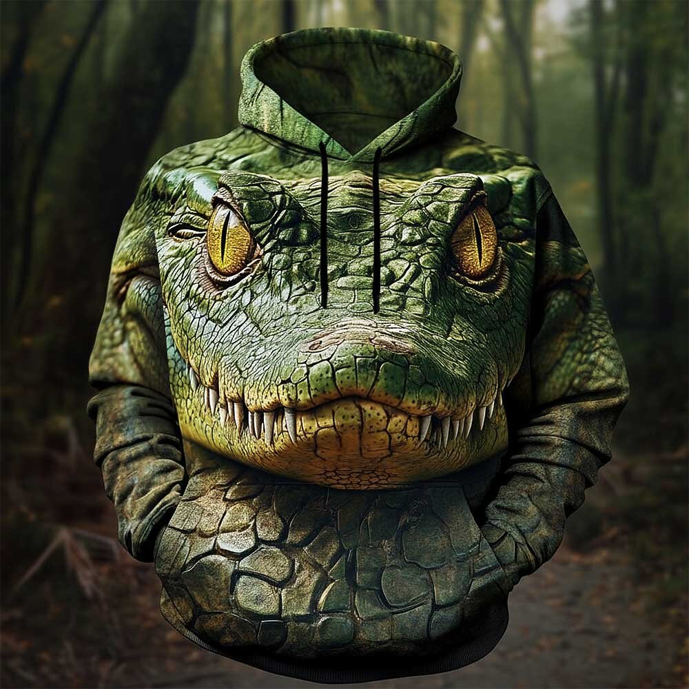 Men's Realistic Crocodile Print Long Sleeve Streetwear Pullover Hoodie