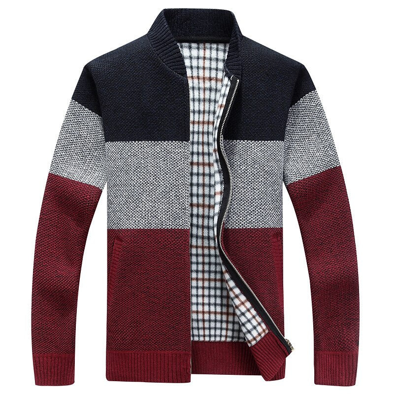 Three-Tone Plaid-Lined Zip Cardigan