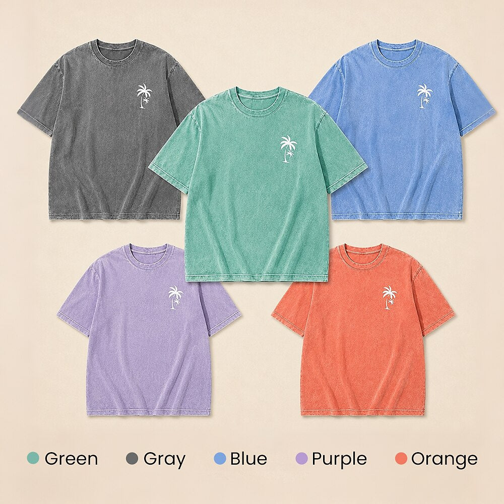 Men's Palm Tree Minimal Print Short Sleeve Acid-Wash T-Shirt