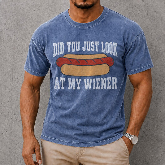 Men's Wiener Joke Quote Print Short Sleeve Acid-Wash T-Shirt