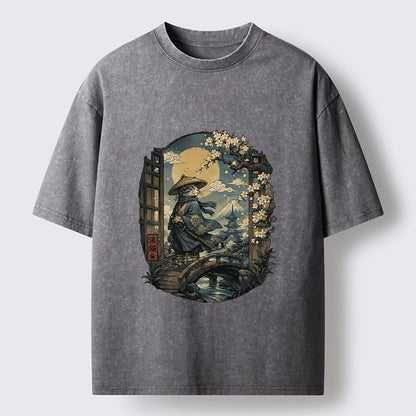 Japanese Style Ronin Cat Washed T-Shirt