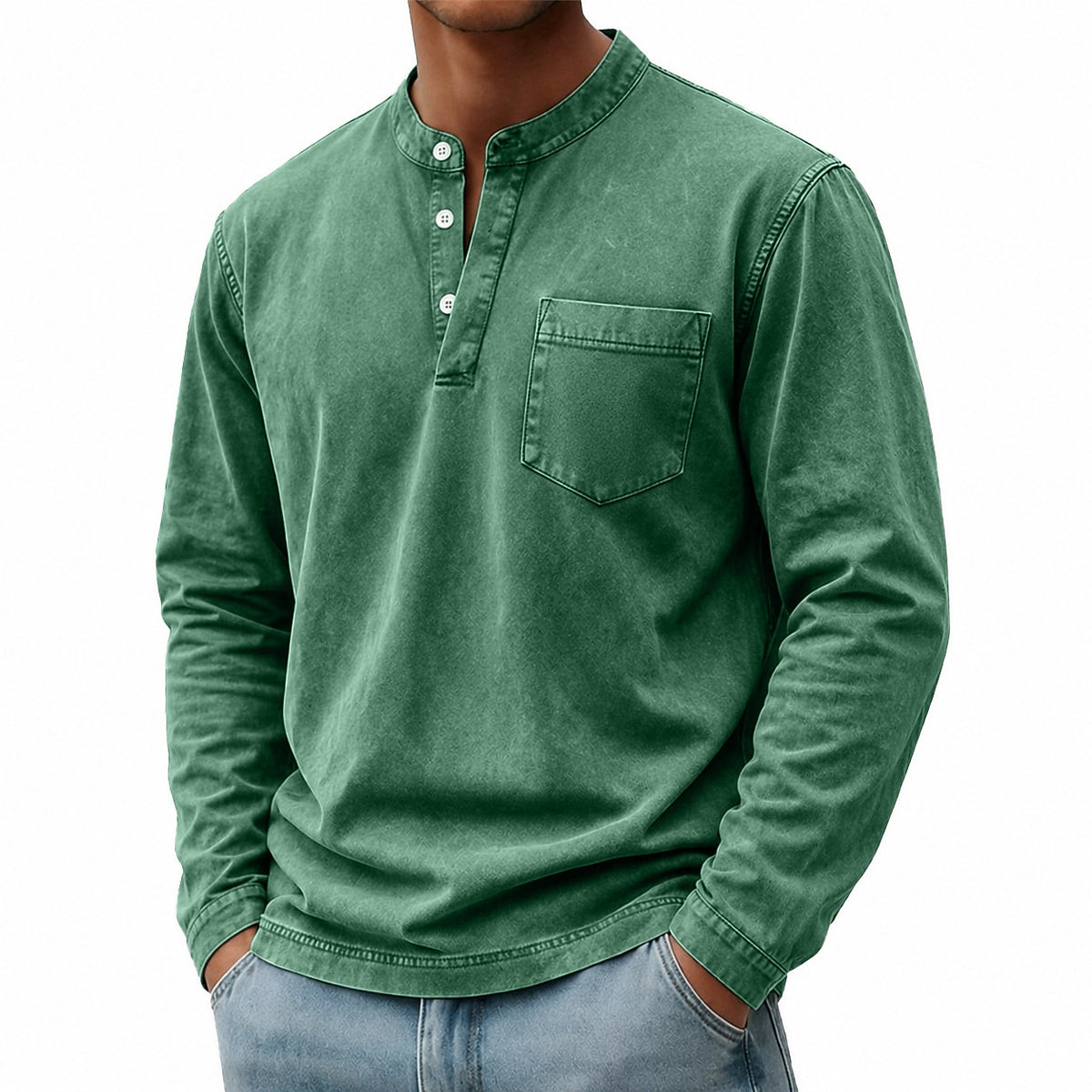 Washed Pocket Henley Long Sleeve T-Shirt