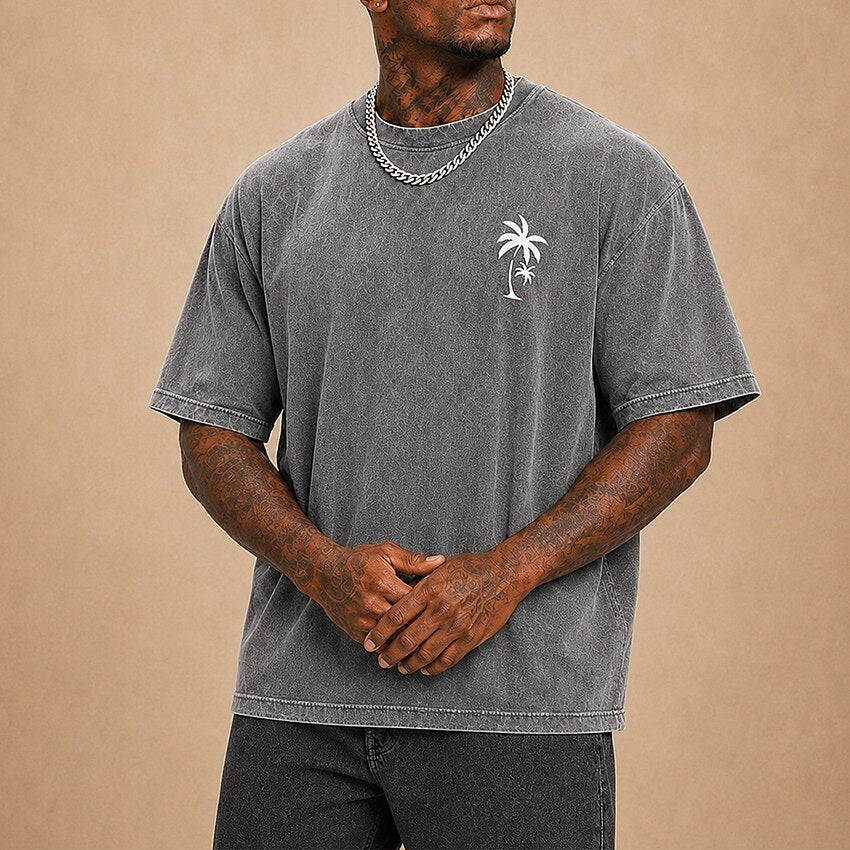 Men's Palm Tree Minimal Print Short Sleeve Acid-Wash T-Shirt