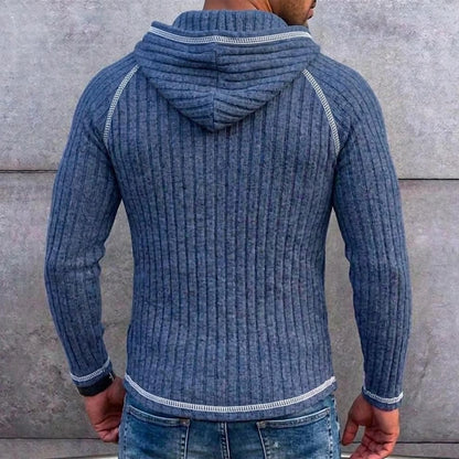 Ribbed Button-Neck Hoodie