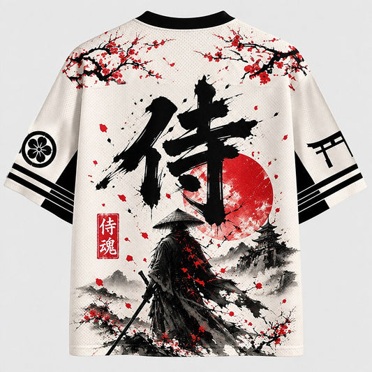 Samurai and Cherry Blossom V-Neck Mesh Jersey