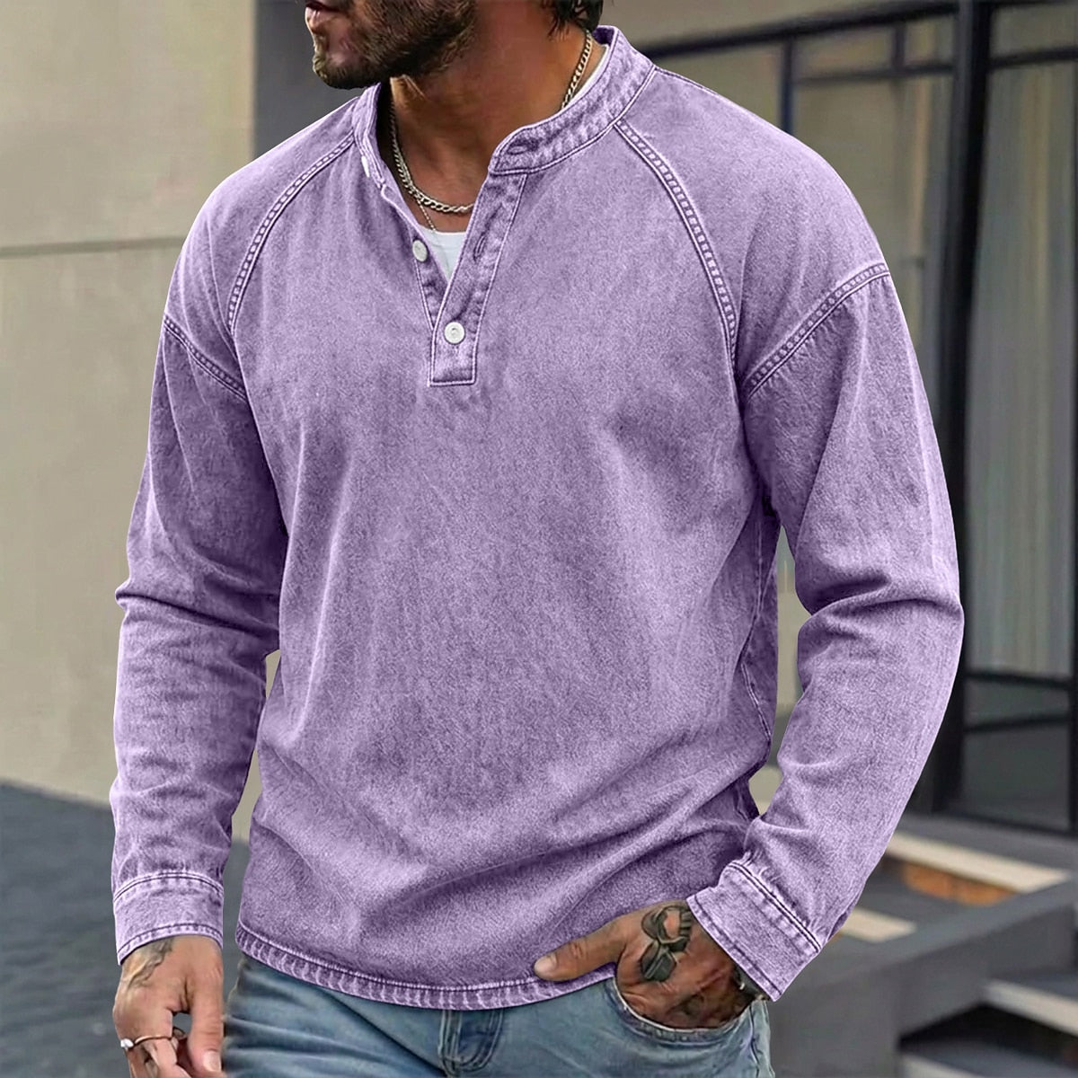 Washed Henley Long Sleeve T-Shirt
