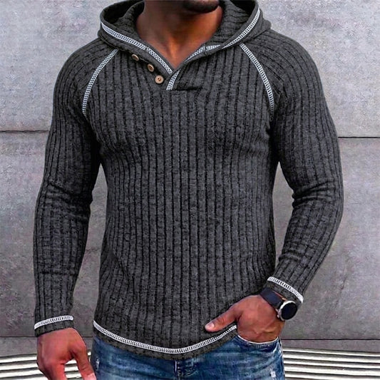 Ribbed Button-Neck Hoodie