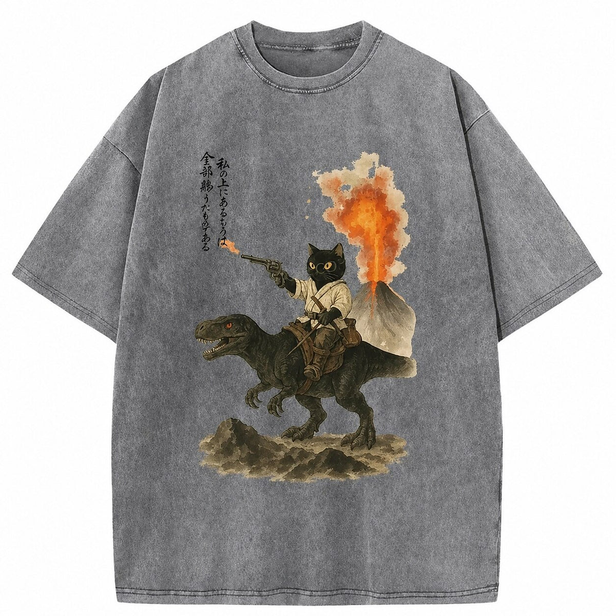 Japanese Style Cat Riding Dinosaur Washed T-Shirt