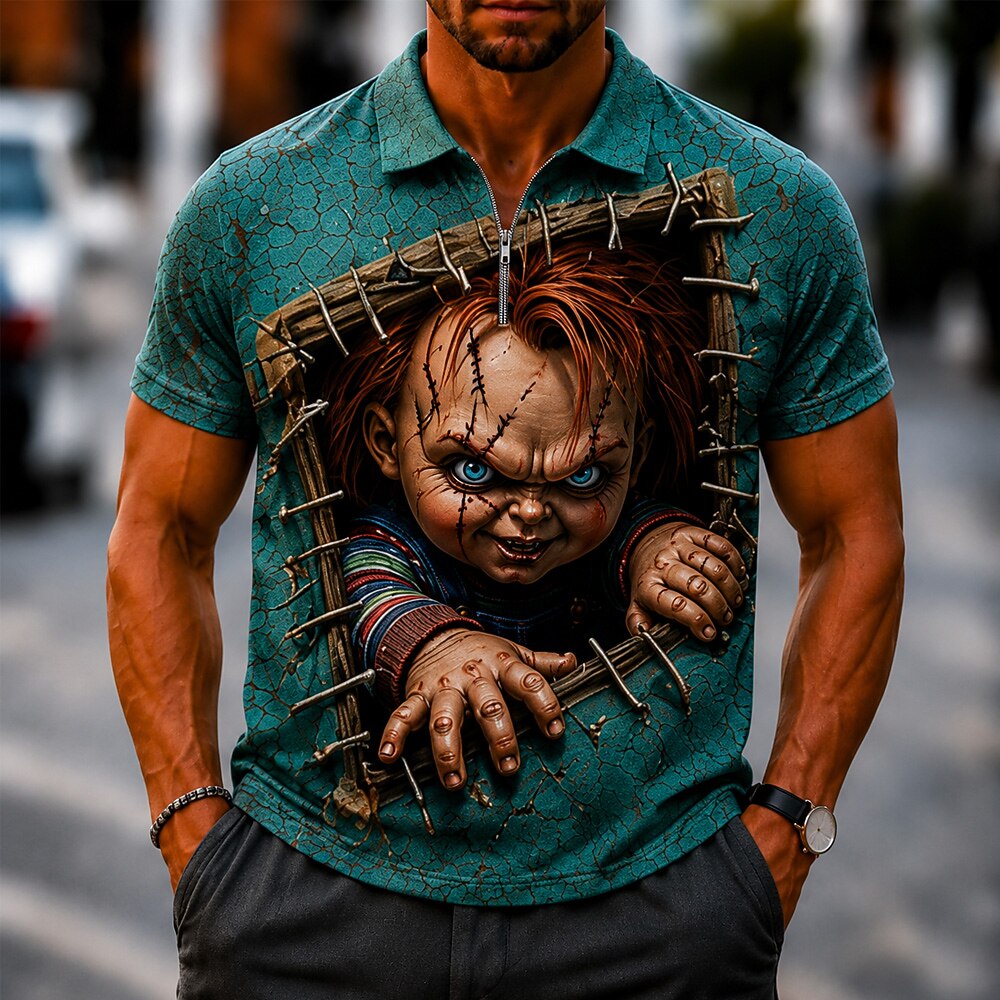 Men's Killer Doll Cartoon Print Short Sleeve Sporty Zip Polo