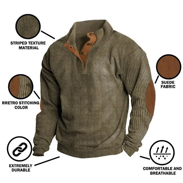 Elbow Patch Corduroy Button-Neck Sweatshirt