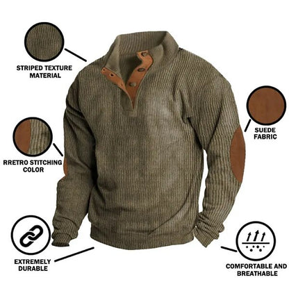 Elbow Patch Corduroy Button-Neck Sweatshirt