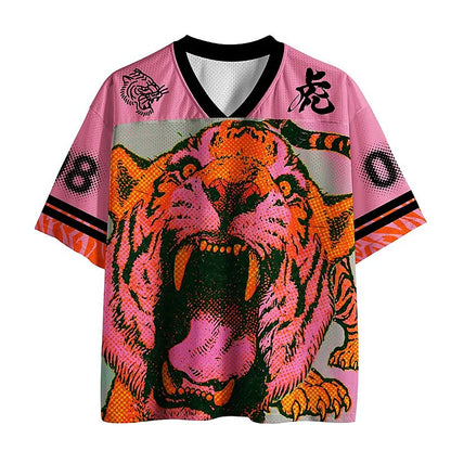 Men's Pink Tiger Number Graphic Print Short Sleeve Sports Jersey T-Shirt