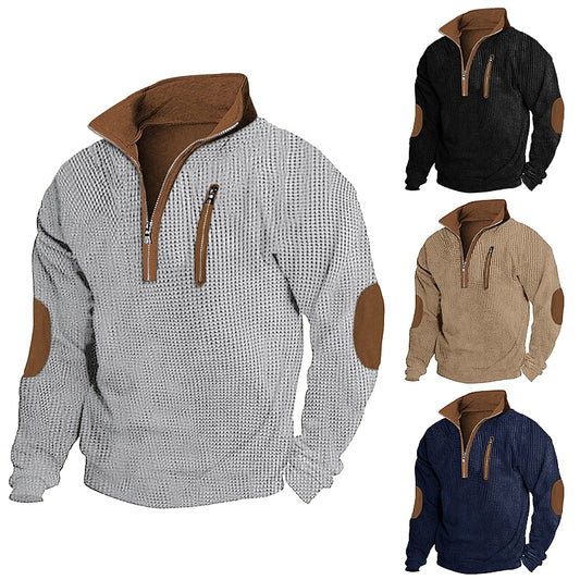 Contrast Elbow Waffle Quarter-Zip Top