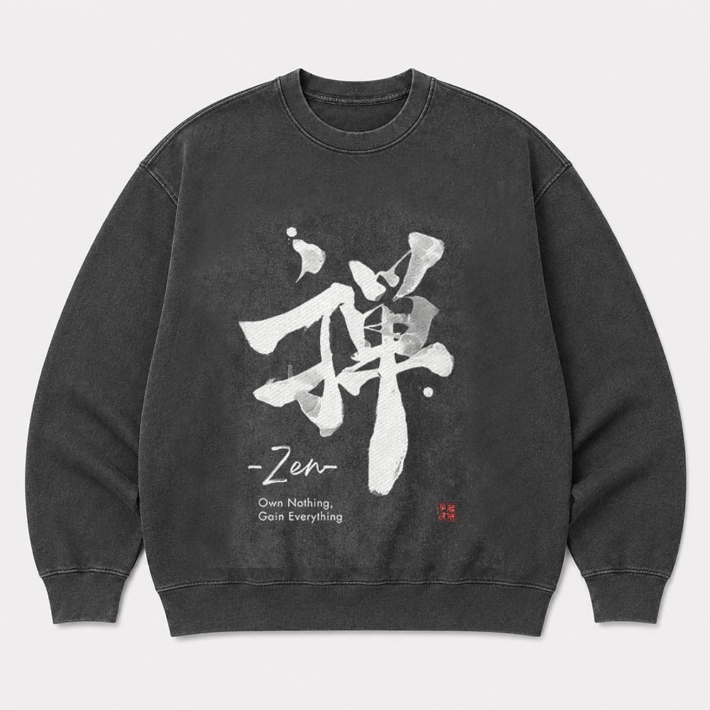 Men's Zen Own Nothing Graphic Washed Crew Neck Sweatshirt