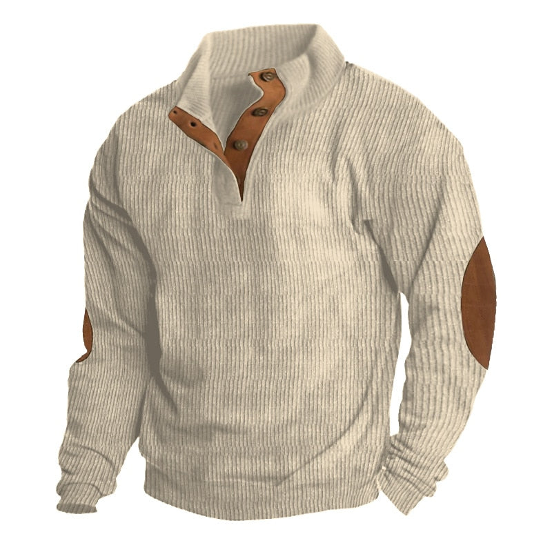 Elbow Patch Corduroy Button-Neck Sweatshirt