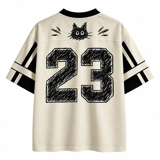 Scribble Cat V-Neck Mesh Jersey